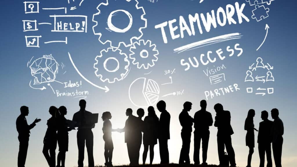 Teamwork and Collaboration Business Communication Outdoors Concept.