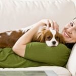 Woman laying on couch with puppy. Relaxed woman laying on sofa holding and petting pet dog