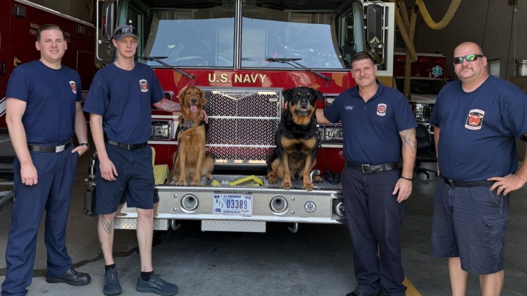Five firefighters pose with their dogs in front of a fire truck.