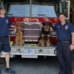 Five firefighters pose with their dogs in front of a fire truck.