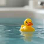 Floating yellow rubber duck in clean bathtub. Classic yellow rubber toy duck floating on calm, clear bathwater, against a light-colored bathroom background. AI generated
