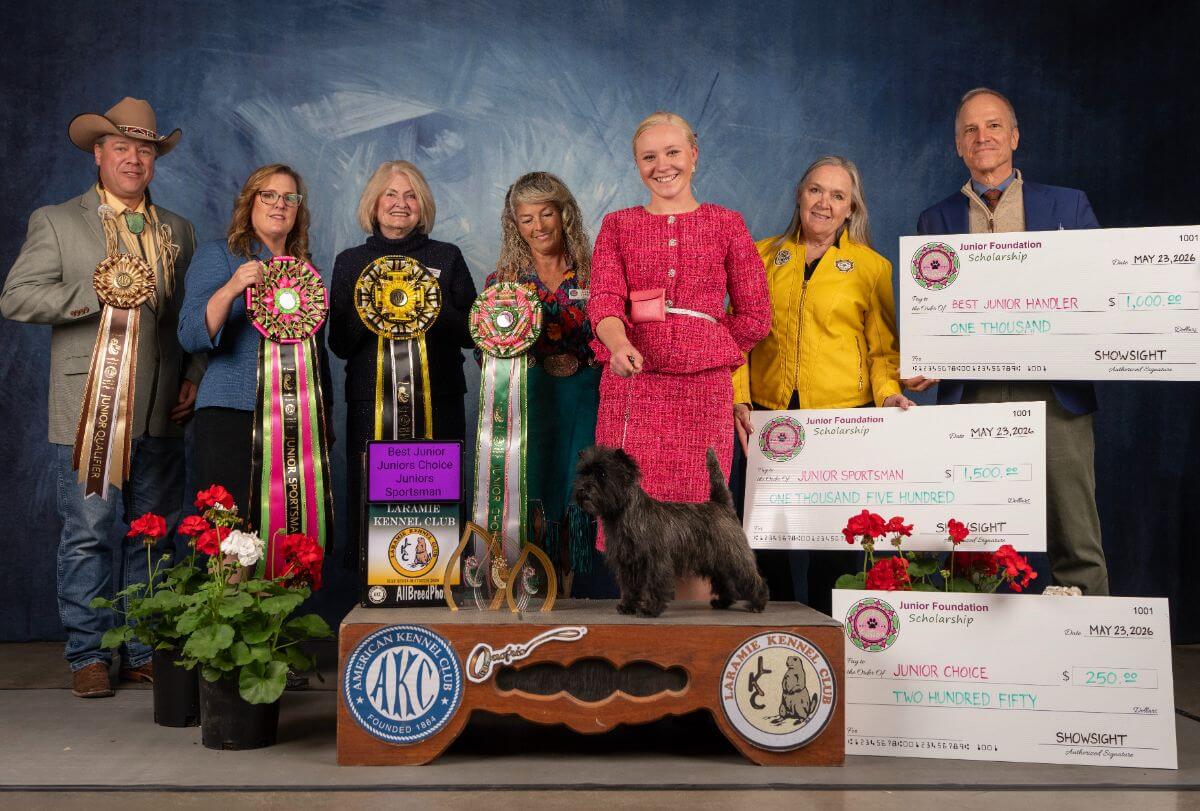 (pictured left to right) TJ Murfitt, Laramie KC President and Show Chair, Heather Lindberg, Debra Thornton, Cynthia Bennett, Kaylee Wagoner, Best Junior and Junior Sportsman and Juniors’ Choice Awards recipient, Marlene Groves, and Dan Sayers. photo by Tyler Crady, All Breed Photo