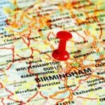 Close up of Birmingham ,United Kingdom map with red pin - Travel concept