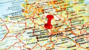 Close up of Birmingham ,United Kingdom map with red pin - Travel concept