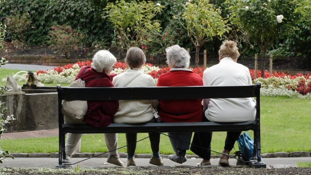 Senior ladies at the park. 4 old friends sitting on a park bench enjoying some friendly conversation